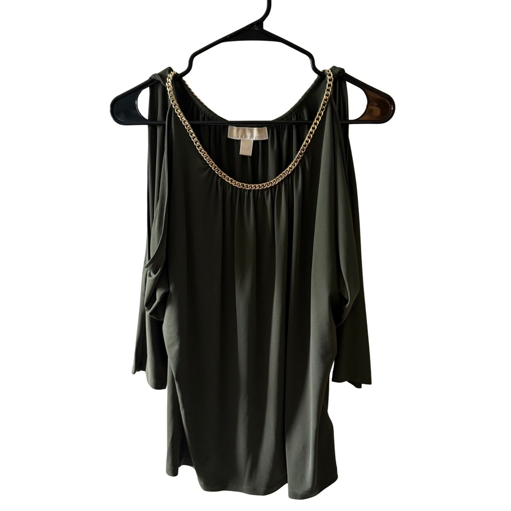 Michael Kors Women Olive Green Cold Shoulder Chain Neck Blouse Top Medium